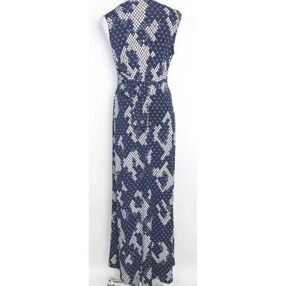 •SOLD•ELIZA J Navy Blue + White Print Knot Front Sleeveless Maxi Length Dress - Picture 4 of 9